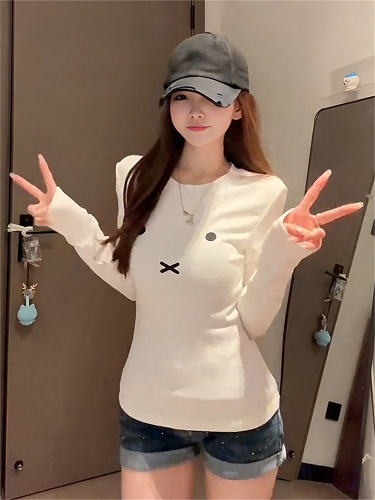 White Crew Neck Long Sleeve T-Shirt Women's Polyester Knit Top - Image 4