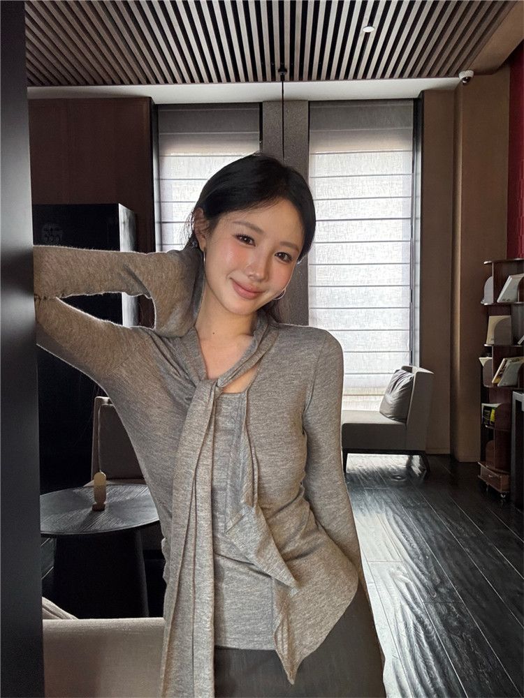Women's Gray Long Sleeve T-Shirt with Ribbon Detail Korean Style Slim Fit Base Layer Top - Image 4