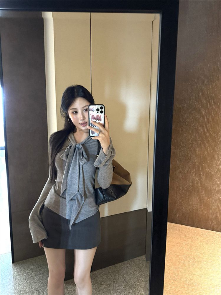 Women's Gray Long Sleeve T-Shirt with Ribbon Detail Korean Style Slim Fit Base Layer Top - Image 2