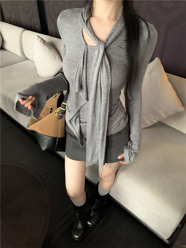 Women's Gray Long Sleeve T-Shirt with Ribbon Detail Korean Style Slim Fit Base Layer Top - Image 3