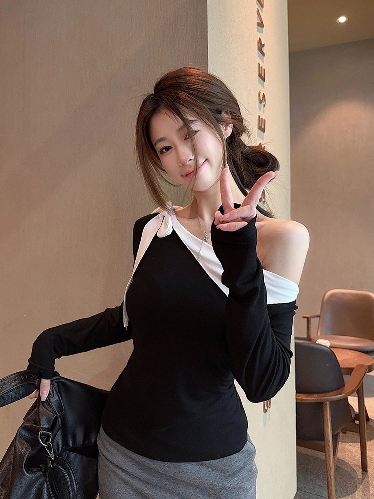 Women's Color-Block Off-Shoulder Long-Sleeve T-Shirt Slim Fit Retro Top - Image 3