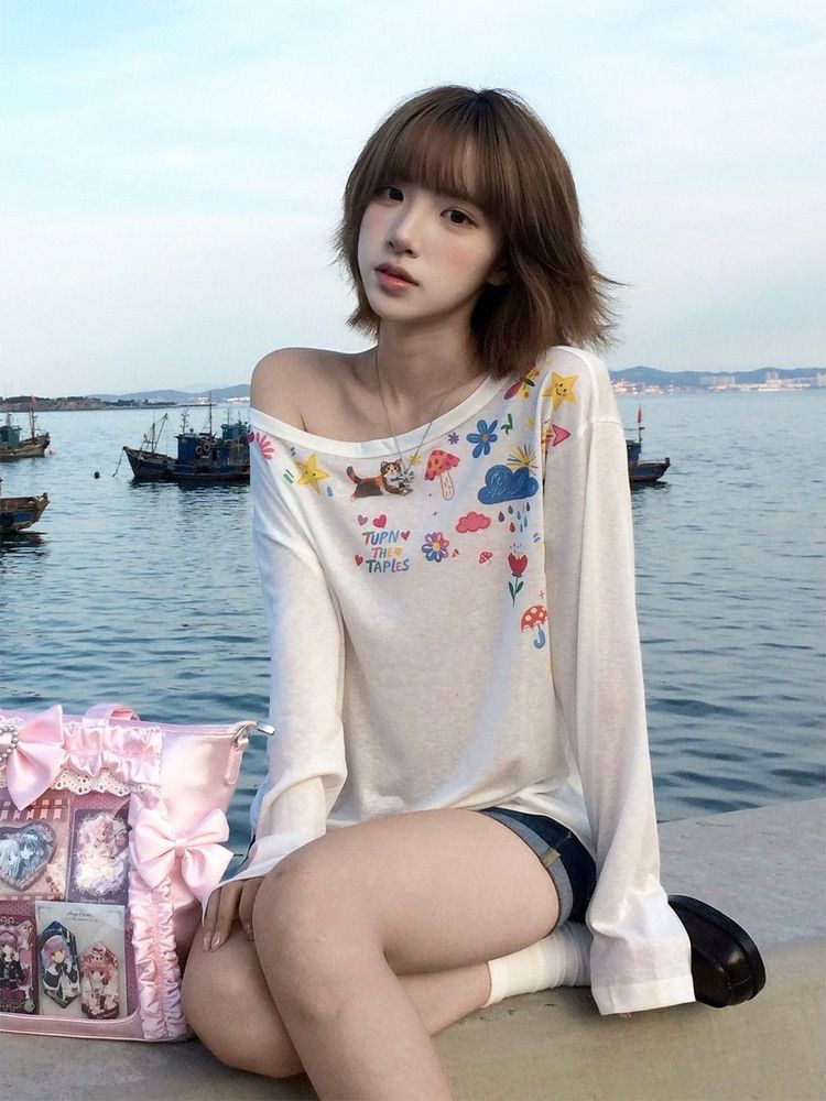 White One-Shoulder Printed Long-Sleeve Women's T-Shirt Summer Loose Casual Strappy Off-Shoulder Top Korean Style - Image 2