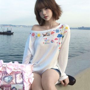 White One-Shoulder Printed Long-Sleeve Women's T-Shirt Summer Loose Casual Strappy Off-Shoulder Top Korean Style