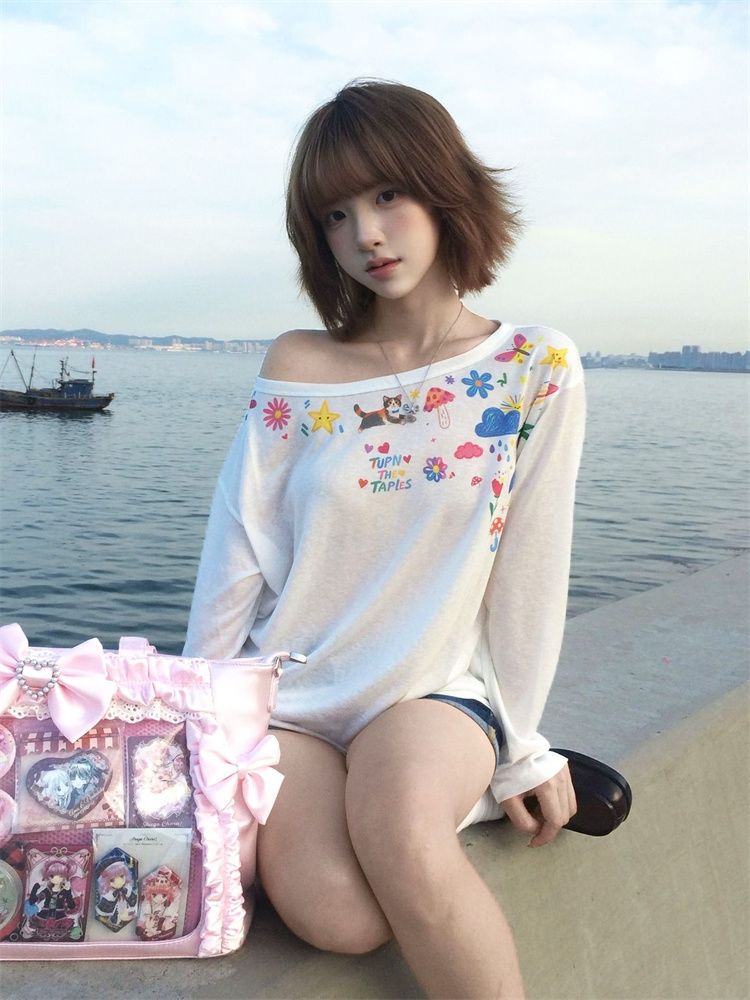 White One-Shoulder Printed Long-Sleeve Women's T-Shirt Summer Loose Casual Strappy Off-Shoulder Top Korean Style