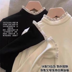 Chic Half Turtleneck Lace Panel Base Layer Top Women's Fall Winter Long Sleeve T-Shirt 2026 New