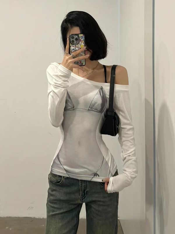 Women's Slim Fit Off-Shoulder Graphic Print Long Sleeve Top Summer 2026 - Image 3
