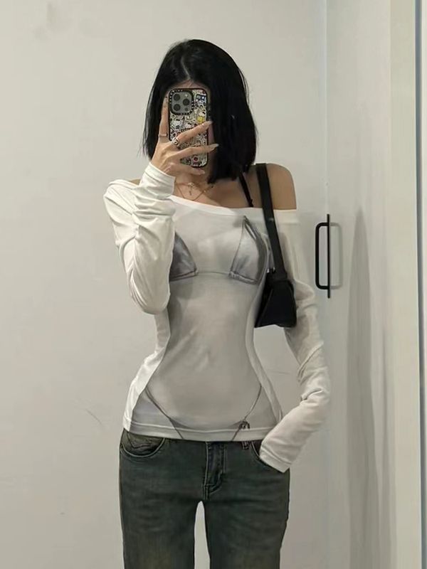Women's Slim Fit Off-Shoulder Graphic Print Long Sleeve Top Summer 2026