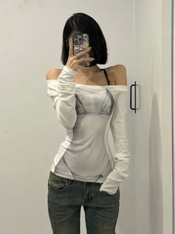 Women's Slim Fit Off-Shoulder Graphic Print Long Sleeve Top Summer 2026 - Image 4