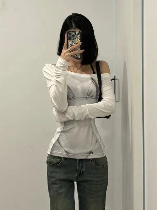 Women's Slim Fit Off-Shoulder Graphic Print Long Sleeve Top Summer 2026 - Image 2