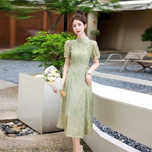 Chinese Style Modified Qipao Dress 2025 Summer Vintage High Waist Short Sleeve