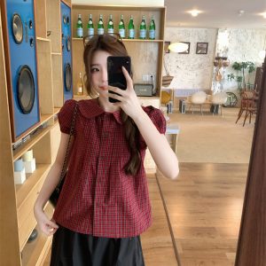 Korean Sweet Plaid Shirt Women Summer Doll Collar Loose Fashion Set