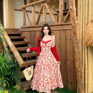 Rose Sweetheart Two-Piece Set Red Cardigan Floral Cami Dress