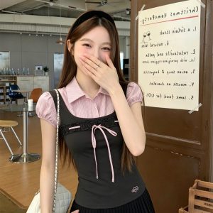 Sweet Contrast Colorblock Faux Two-Piece Puff Sleeve Shirt