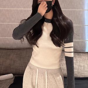 Women's Color Block Striped Knit Sweater 2026 Fall Winter Slimming Short Pullover