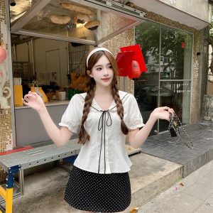 Women's Navy Collar Tie Short Sleeve Shirt and Polka Dot Skirt Set - Style 9a9d15