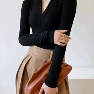 Women's V-Neck Slim Knit Long Sleeve Base Layer Sweater for Fall Winter